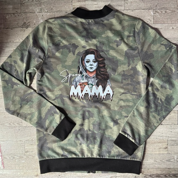 Spooky Mama, Coffee & Halloween Theme, Camo Bomber Style Jacket - Picture 14 of 16